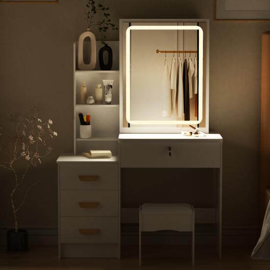 Makeup Vanity Desk with LED Lighted Mirror, Vanity Table with 4 Drawers and Opening Shelves, Bedroom Dressing Table with Stool