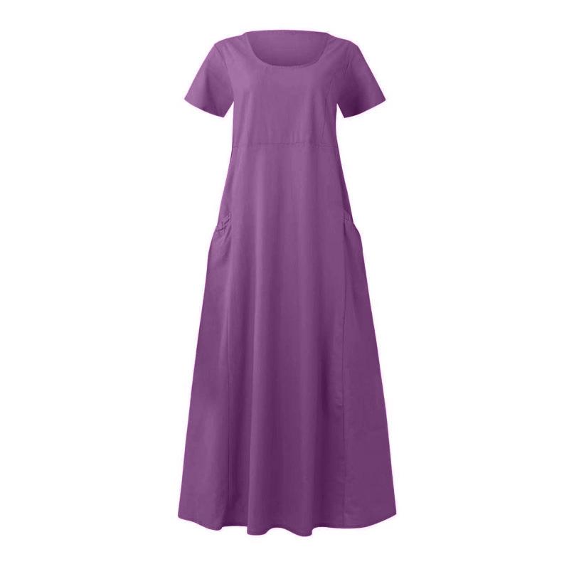 Women's Solid Color Round Neck Short Sleeve Loose Hem Dress