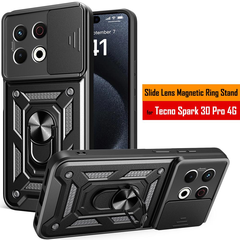 Slide Lens Armor Funda for Tecno Spark 30 Pro 4G Case Magnetic Rotate Ring Stand Holder Cover for Tecno Spark 30 Pro 4G Case