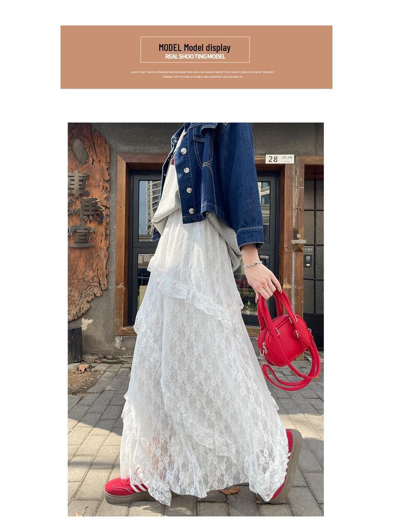 Women's White Lace A-Line Irregular Long Skirt, Spring/Autumn 2026 Collection