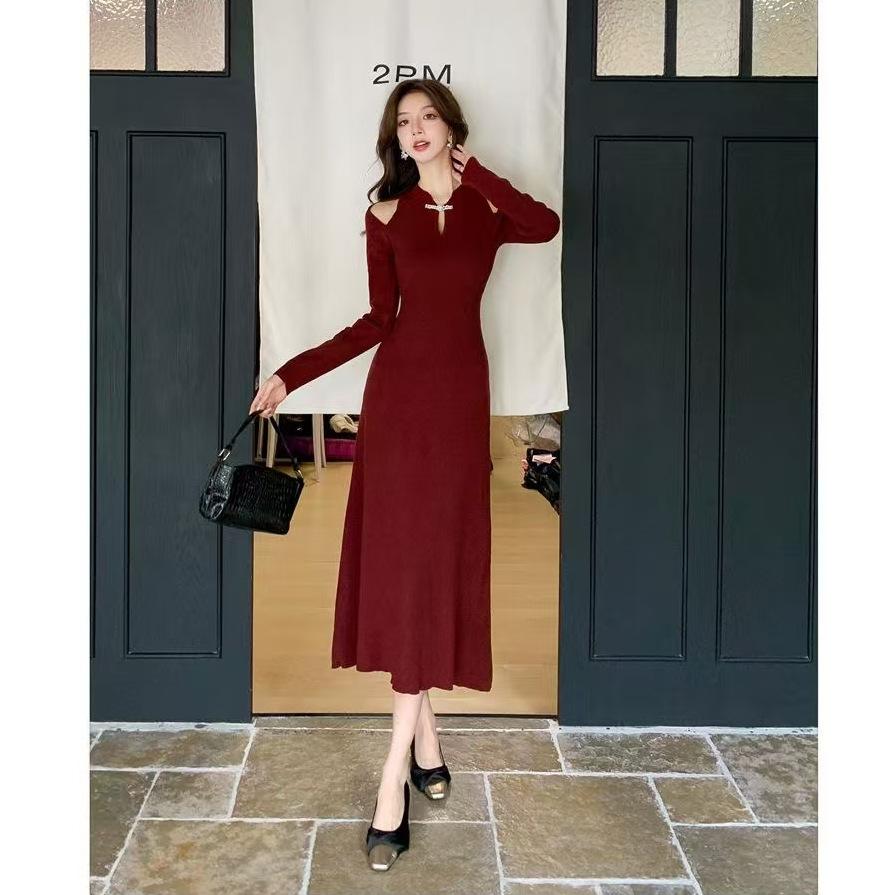 

Autumn and winter new design sense niche new Chinese style fake two-piece dress waist thin temperament long sleeves S чёрный