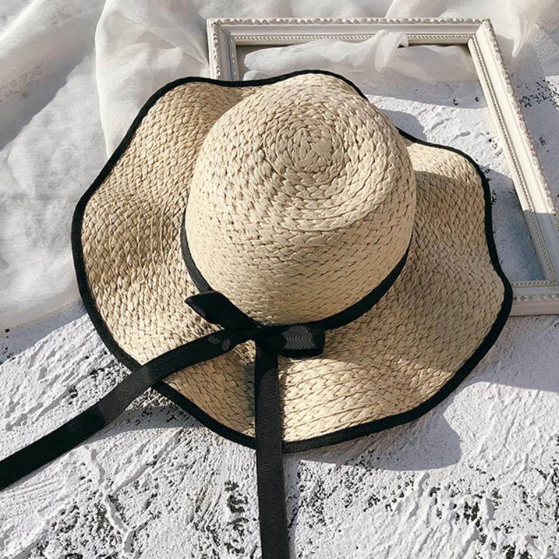 Black hemmed straw hat women's beach hat large brim summer sun hat travel sun hat