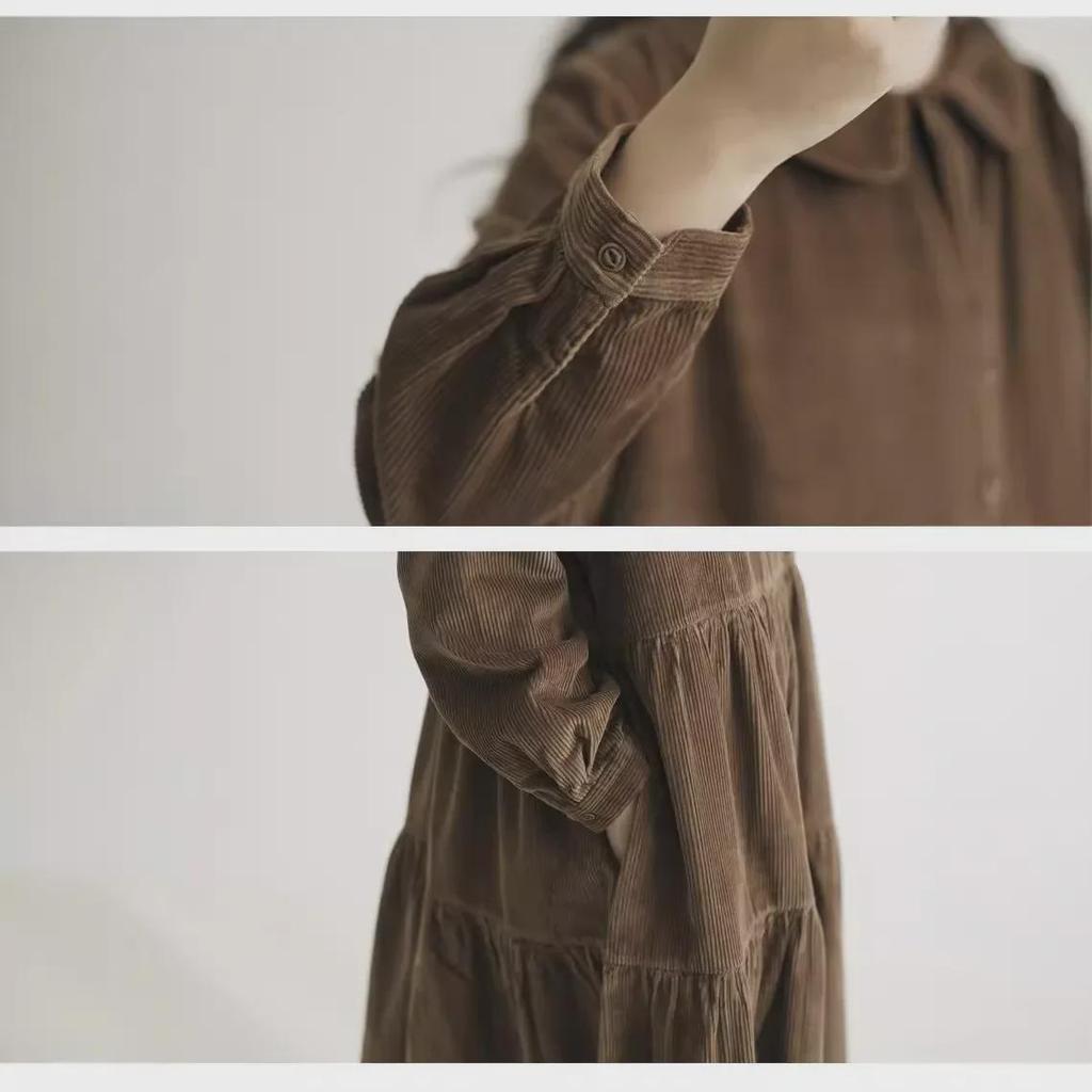 Vestido Acampanado de Manga Larga con Cuello de Muñeca de Pana Estilo Japonés