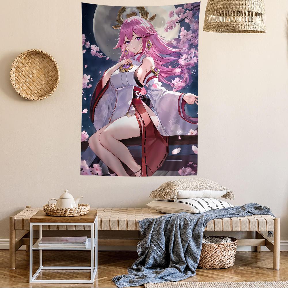 Yae Miko Genshin Impact Anime Tapestry  Hippie Flower Print Acts as Wall Hanging Dorms  Enhancing Home Atmosphere