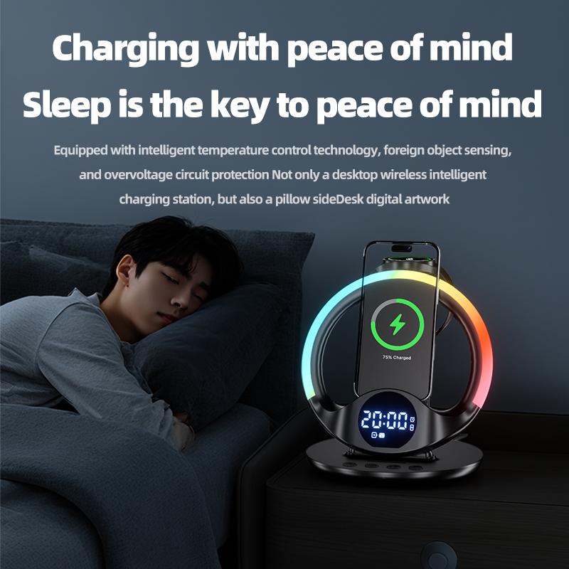 6-in-1 Wireless Charger with RGB Ambient Light & Alarm Clock Station for Iphone/Samsung Phone, iWatch/Galaxy Watch, AirPods/Buds