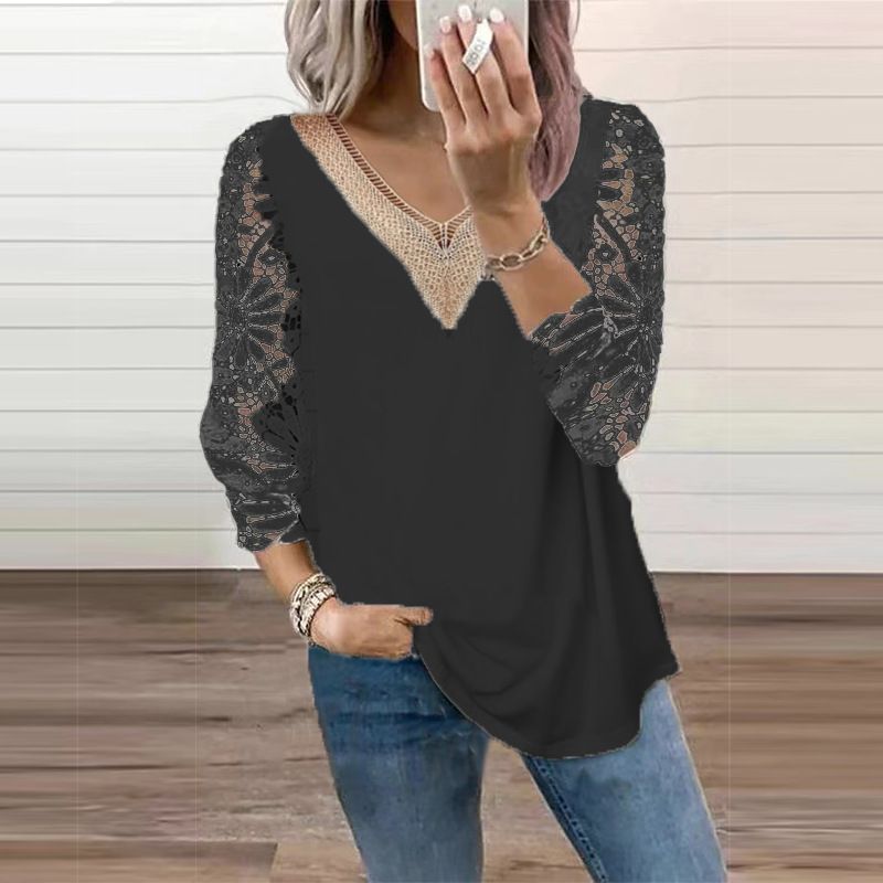 V-neck Patchwork Hollow Lace Sleeve TOPV Collar Patchwork Cut Out Lace Sleeve Tops