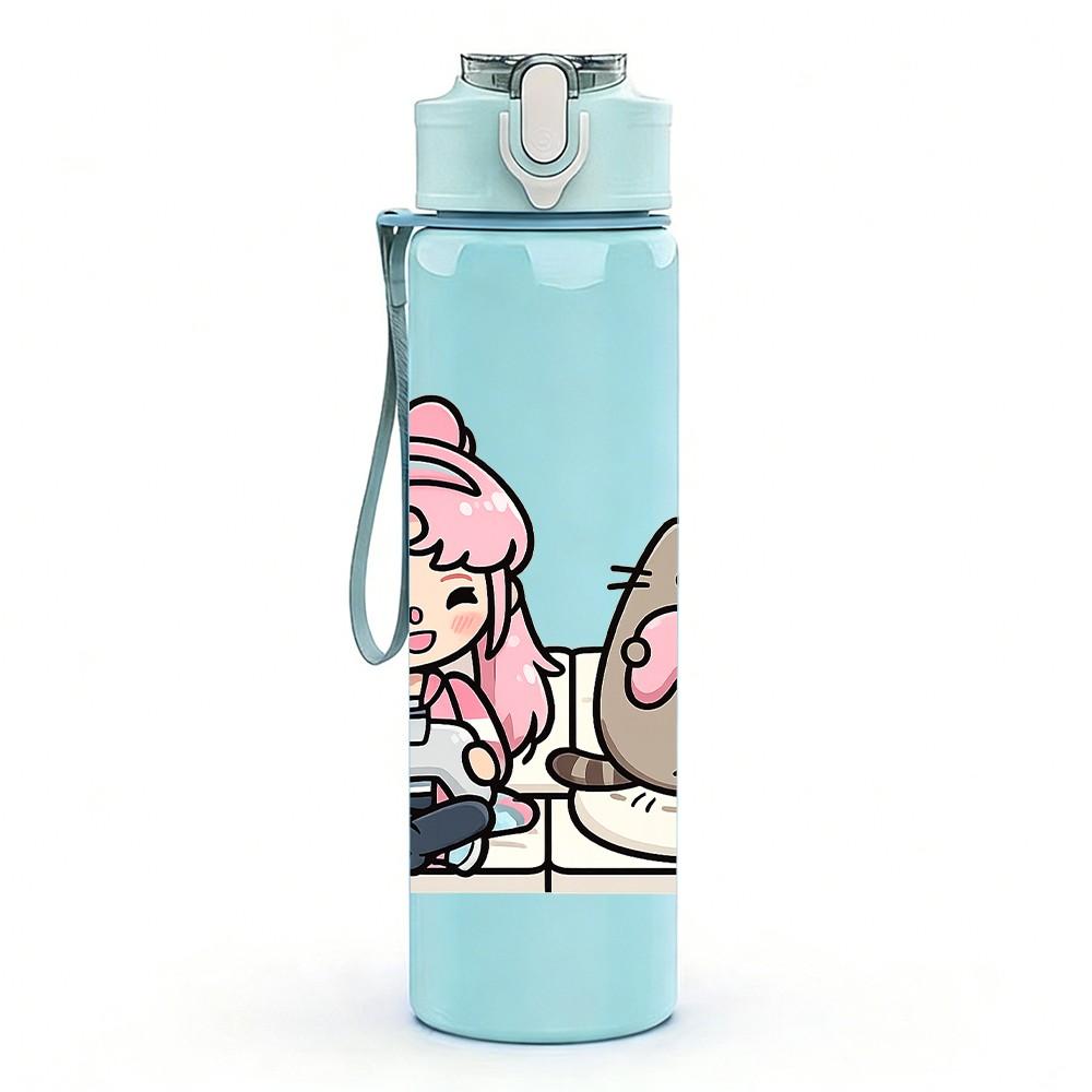 1PC Pink Hair Girl Cute Cat Character Print 750ml Color Plastic Sports Water Bottle Leakproof Flip Straw Lid Suitable for Sports Office Home Use