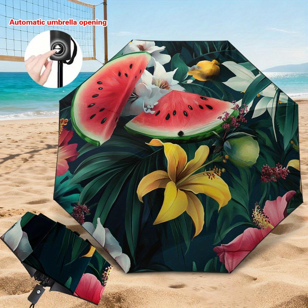 

1pc Tropical Flowers and Fruits Colored Automatic Folding Umbrella, Picnic-use Filtering Umbrella, Thickened Reinforced Umbrel (as the picture,Iron&8K)