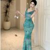 Pure and alluring butterfly print green dress for women, summer temperament, swaying collar, waist-cinching, sleeveless, hip-hugging long dress