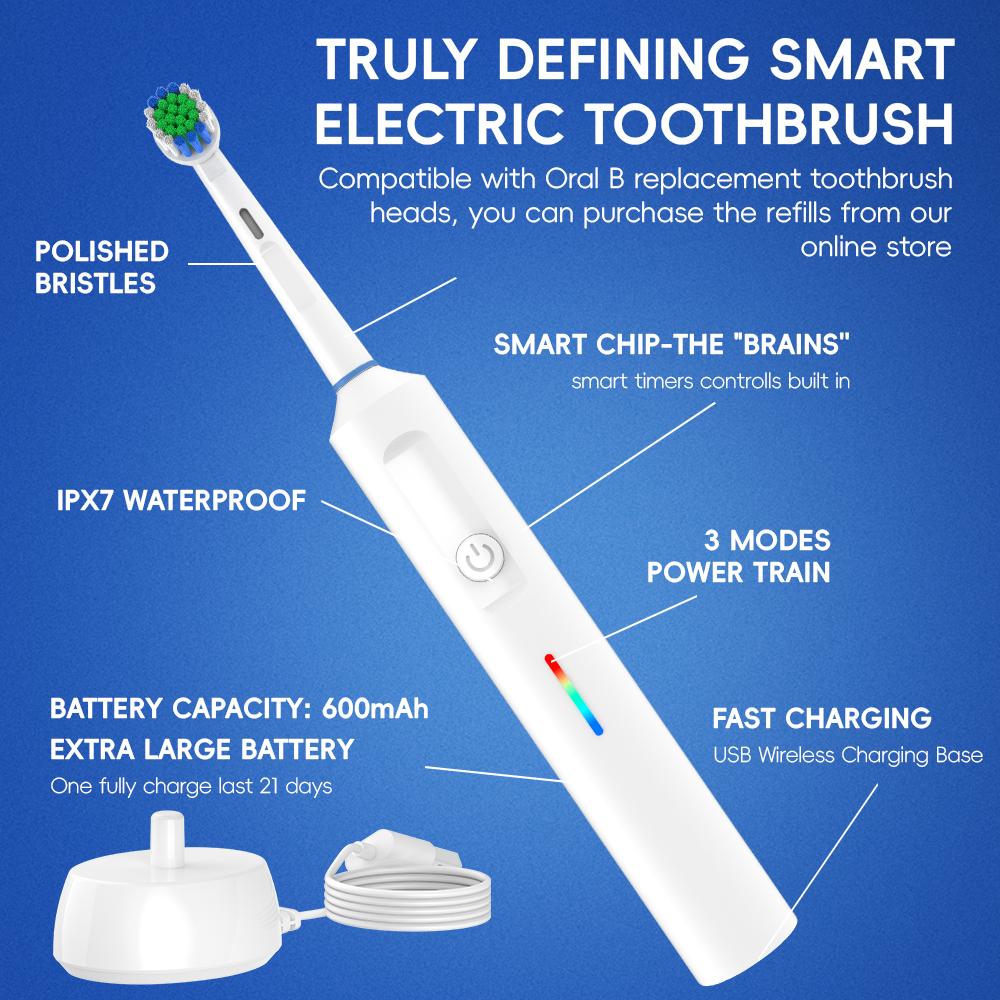 Smart Wireless Charging Rotating Electric Toothbrush, 3 Modes Rechargeable Rotary Toothbrush Compatible with Oral B Brush Heads