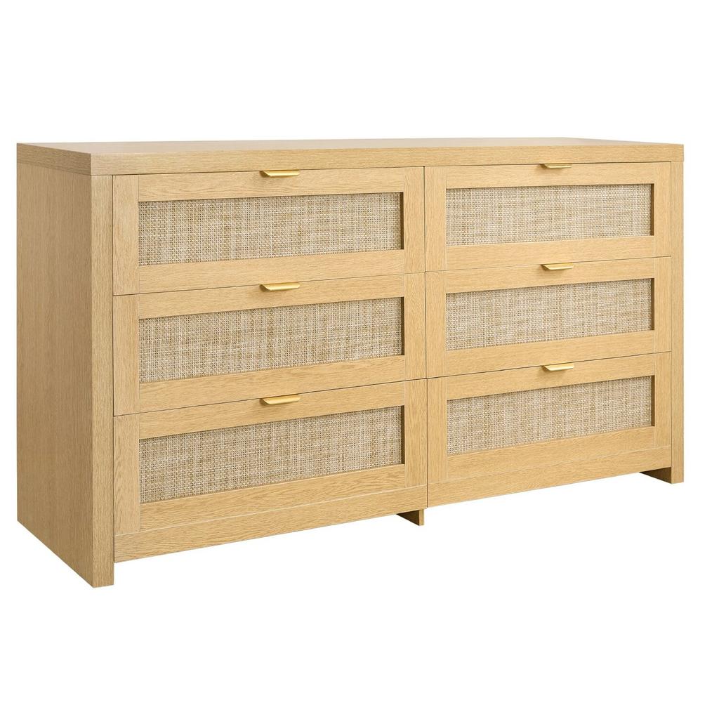 6 Drawer Rattan Dresser, Double Dresser for Bedroom, Natural Rattan Chest of Drawer with Metal Handle, Modern Wood Chest Clothing Organizer & Storage