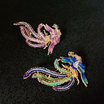 Broche Phénix Émaillée Strassée Style Chinois, Petit Corsage Exclusif, Épingle de Fixation Anti-reflet