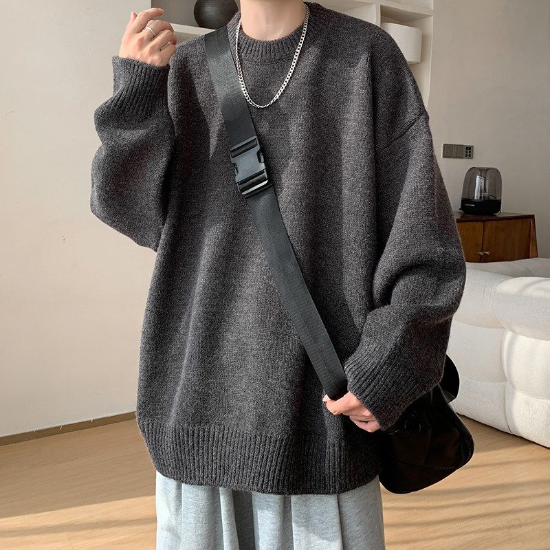 American-Style Lazy Round-Neck Sweater for Men, Winter Trendy Vintage Couple Knitwear, Retro Solid Color Pullover