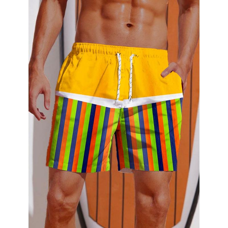 Летние 2024 Мужские шорты 3D-принт Полосатый Принт Пламя Board Shorts Купальные шорты На шнурке Дышащие Короткие Гавайские шорты