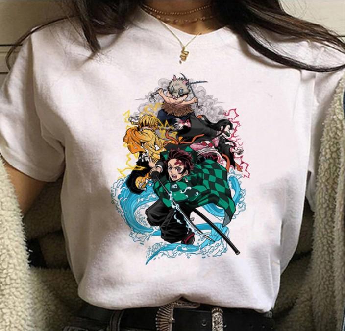 Kawaii Casual Anime Demon Slayer Kimetsu No Yaiba Graphics Female T-Shirt Summer Loose Blouse White Tees O-Neck Women Goth Tops