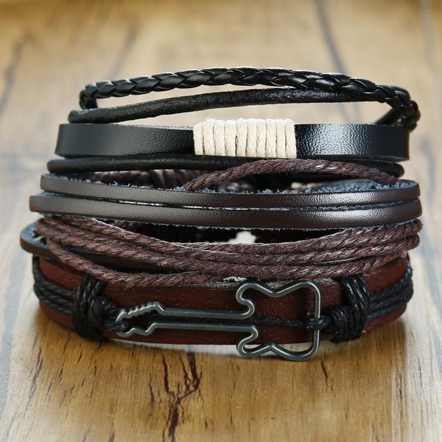 Vnox Mens Leather Bracelet Set ,Compass Life Tree Leaf Charm Bangle For Boys ,Black Vintage Punk Holiday Pu Wristband Gift