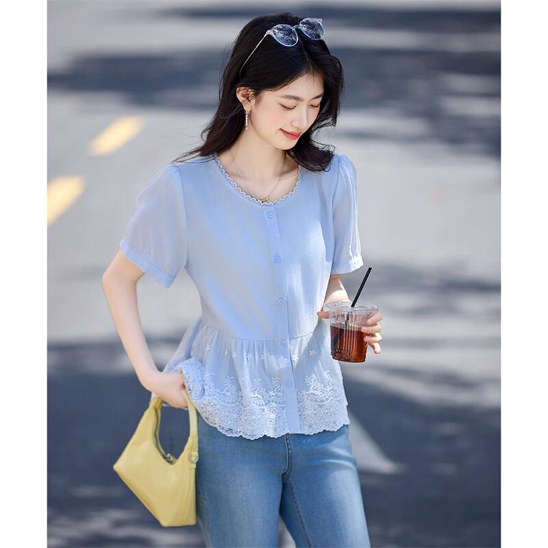 Женская элегантная кружевная блузка с пэчворком, короткий рукав M