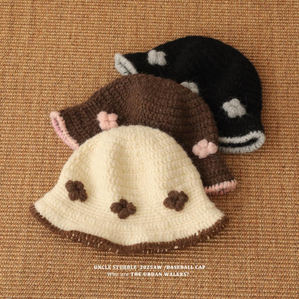 Crochet Knitted Hat Autumn and Winter New Korean Style All-match Face Showing Small Woolen Hat Three Dimensional Flower Fisherman Hat