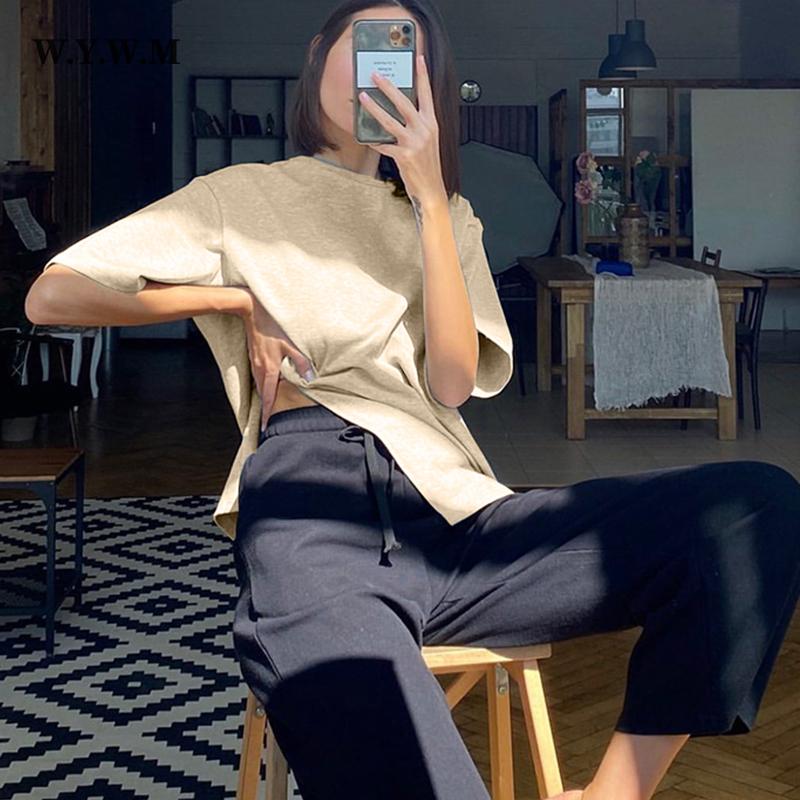 

WYWM летние хлопковые футболки с мягкой основой, женские свободные однотонные повседневные футболки с разрезом, женские простые футболки с круглым вырезом и короткими рукавами, уличная одежда, модные топы