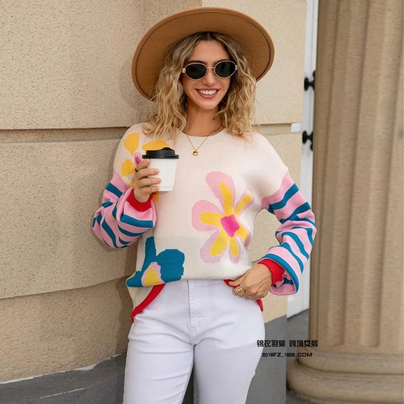 Autumn and Winter Women's Spliced Striped Long-sleeved Flower Sweater Warm Round Neck Fashionable Knitted Sweater