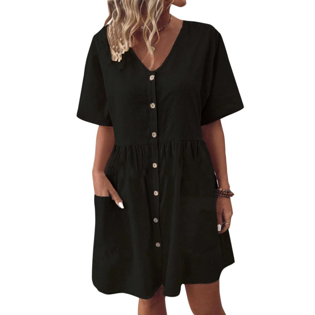 Ladies' Fashionable Solid Color Loose V Neck Short Sleeved Dress