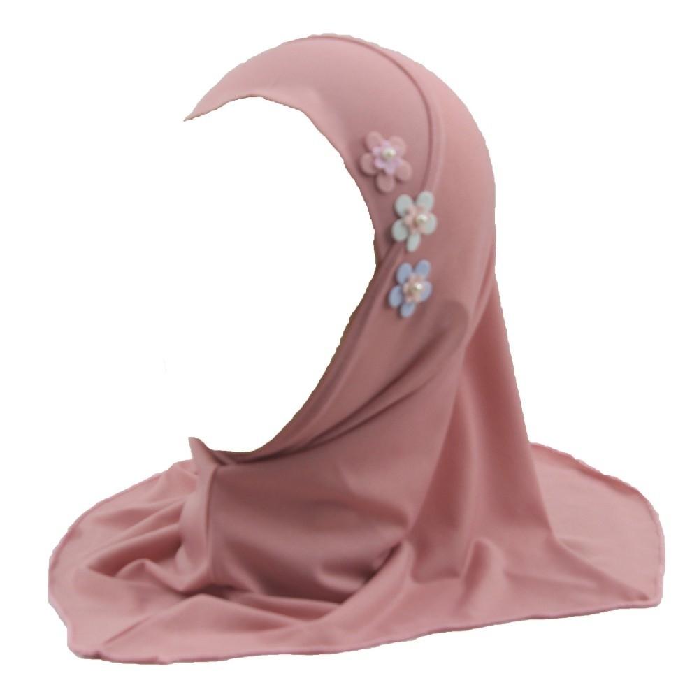 Stretch Little Girls Pull-On Hijab Soft Head Cover Cute Crystal Linen Headscarf Children