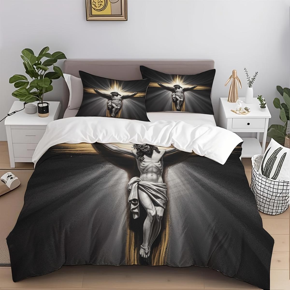 

3pcs Jesus Cross Printed Bedding Set Breathable And Soft for All Seasons Durable And Tear-Resistant Polyester High-Quality EU Twin(135x200cm)