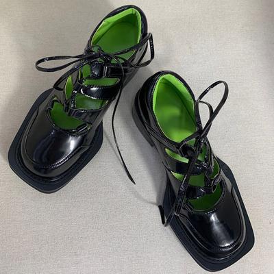 Neue Schuhe mit quadratischer Spitze, Retro-Dickabsatz, Schwarz, Echtes Leder, Damenmode, Riemchen, Aushöhlungen, Kleiderschuhe, Slipper