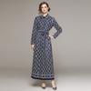 Autumn Fashion Brand Designer Letters Print Red Vintage Maxi Dress Women Long Sleeve Turn Down Collar Belt Lace Up A Line Party Robe
