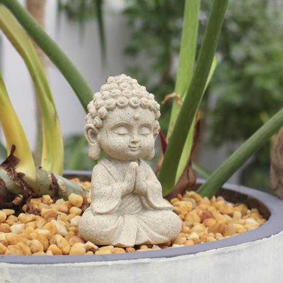 Mini Faux Sandstone Buddha Statue Small Zen Monk Praying Sculpture