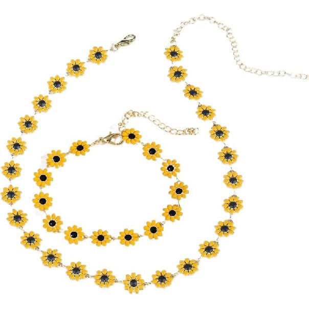 Pingyongchang Daisy Flower Necklace and Bracelet Set for Women - Bohemian Enamel Choker, Handmade Gold Spring Sunflower Jewelry for Party and Beach