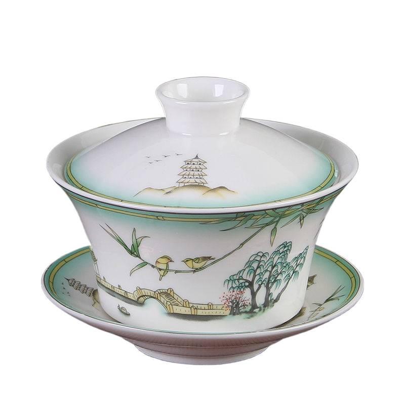 Extra Large Jingdezhen San Cai Gaiwan Ceramic Tea Set for Gongfu Eight Treasures Brewing, Ideal for Office and Home Use.