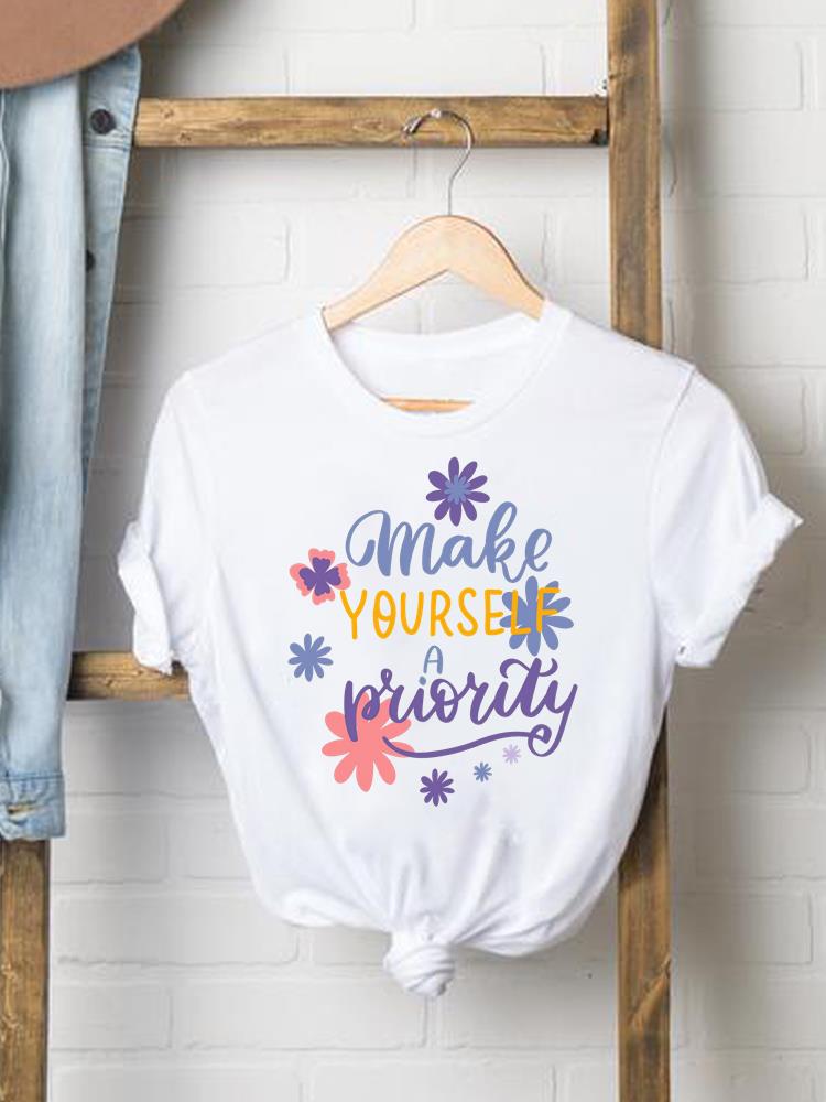 (Asian Size) Women Fashion Tee Top Clothing T Shirt Woman Print Female letter trend 90s flower Short Sleeve Graphic T-shirts