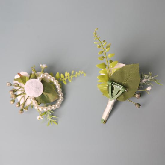 White Rose Boutonniere And Wrist Corsage Set European Rustic Silk Flower for Bride Bridesmaid Groom Groomsman Wedding Party Decor