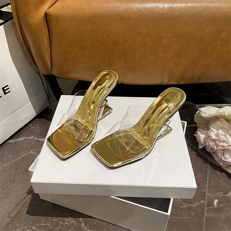 Square Head Sexy Peep Toe PVC Transparent Broadband Crossover Women Slippers 10Cm Strange Style High Heels Slides Shoes