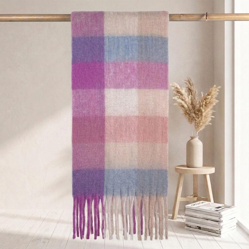 Women's High-Grade Colorful Plaid Mohair Scarf - Thick, Warm, and Versatile for Winter