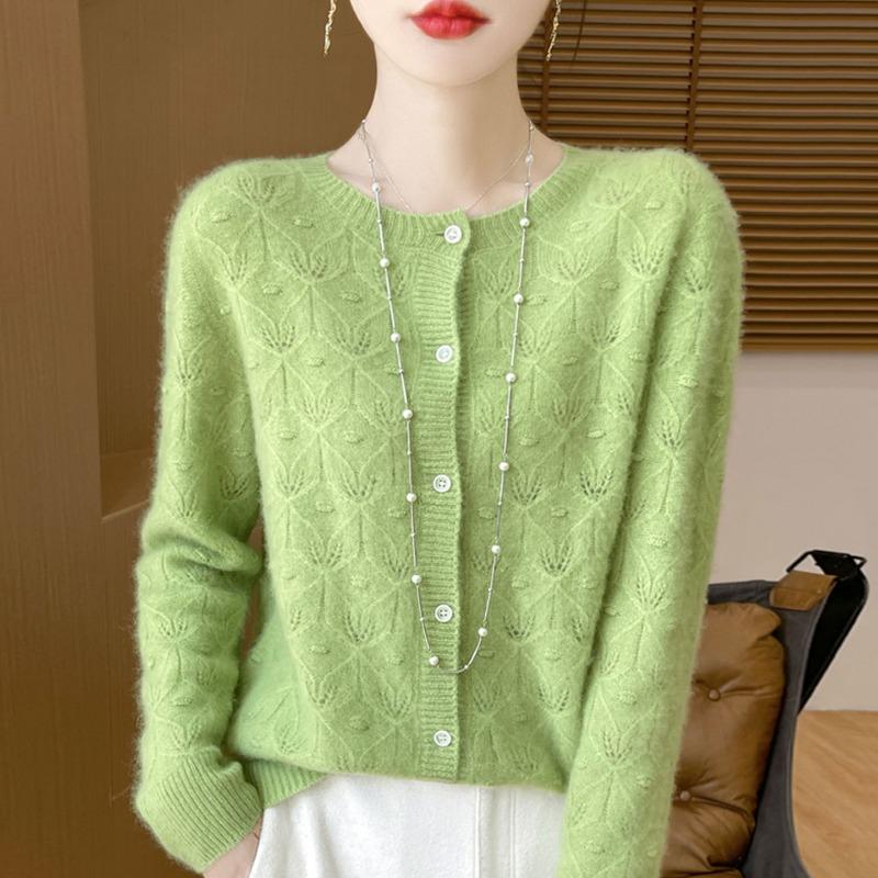 Women Solid Color Round Neck Hollow Out Knitted Cardigan Loose Long Sleeve Fashion Sweater Outerwear