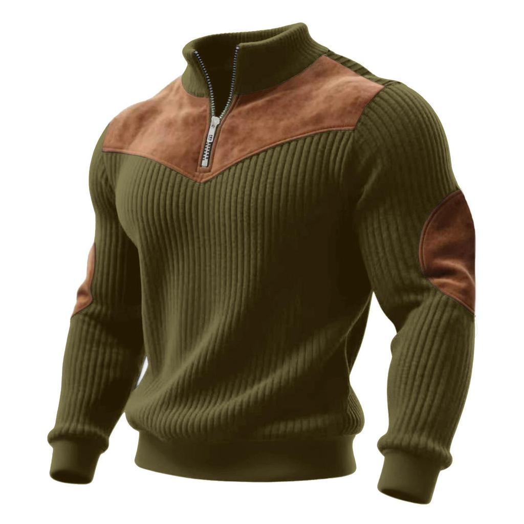 Men's Retro Stand-Up Collar Ribbed Pullover - Half-Zip, Warm Patchwork for Autumn/Winter Christmas Gift