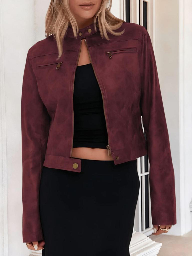 Giacca Moto Corta Vintage da Donna in Ecopelle con Zip e Collo Alto Cappotto Biker Corto Casual