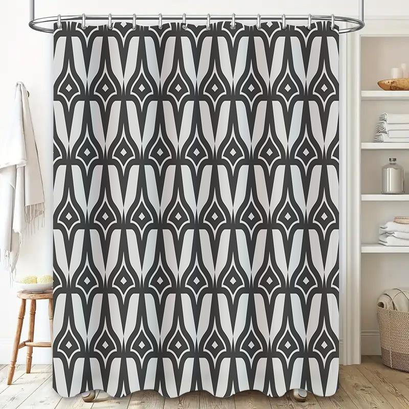 Black White Geometric Shower Curtain for Bathroom Decor with Metal Hook Rings Large Size (72 X 84 Inches)