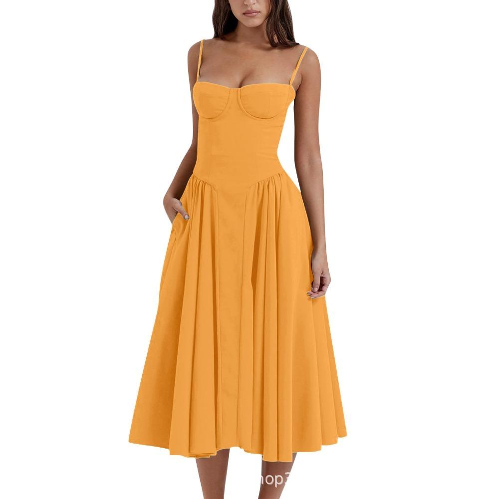 Women's Spaghetti Strap Midi Dress Solid Bustier High Waist Flared Swing Mid-Calf Sundress