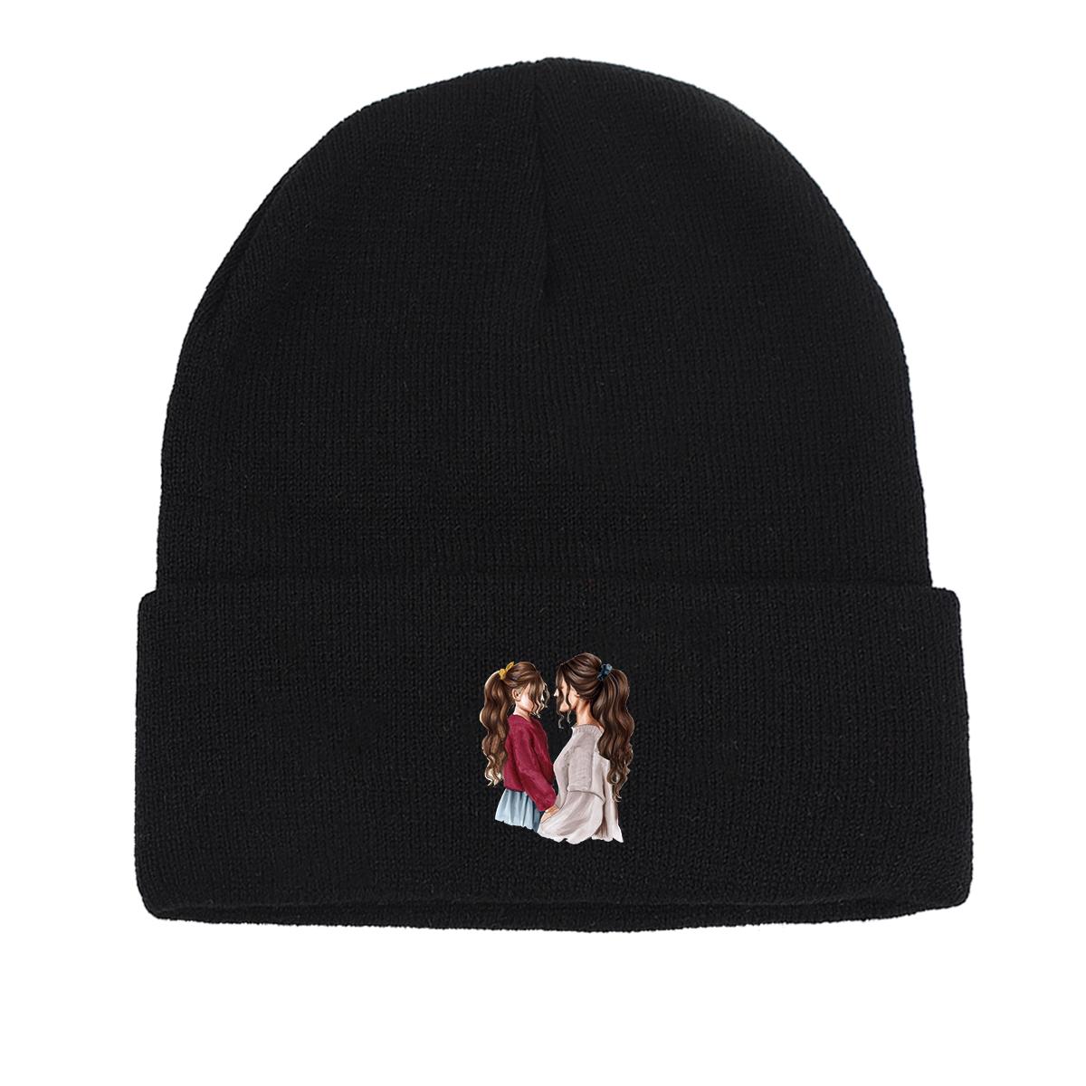 

Теплая вязаная шапка для мамы Beanie, шапки Skullies Beanies Эластичные теплые стильные шапки с помпоном Вязаная шапка Beanie as the picture чёрный