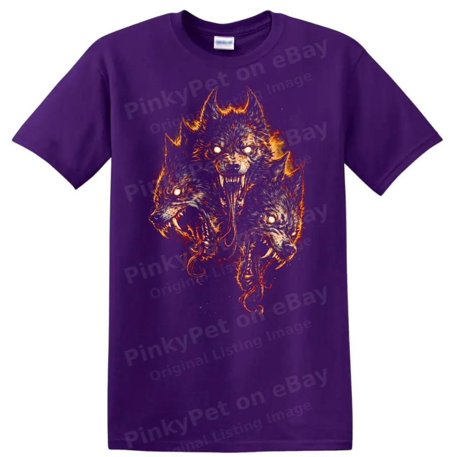 Three Headed Wolf Fire T Shirt Graphic Tee Animal Design Fantasy Art