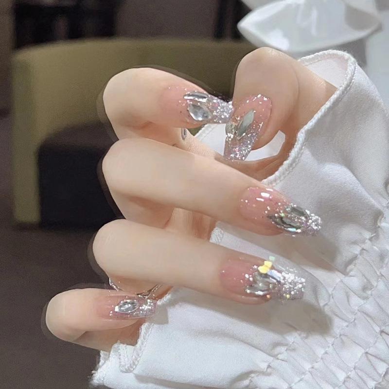 Handmade Luxury Sparkly Fairy Sweet Medium Nail Tips with Magic Mirror Powder and Rhinestones