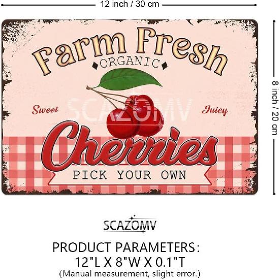 Farm Fresh Sweet Juicy Cherries Vintage Metal Tin Sign, Retro Fruit Poster Decorative Wall Art Signage, Farmhouse Country Market Kitchen Bar Home