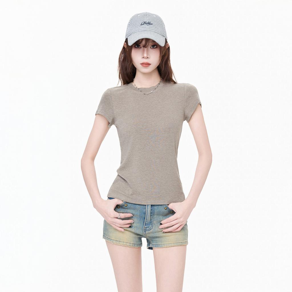 Korean high-end dopamine round neck front shoulder short-sleeved T-shirt women's summer new slim-fitting and thin temperament top