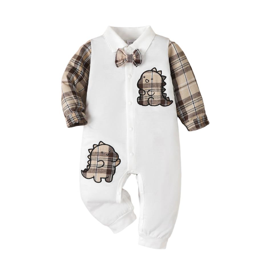 Pasgeboren Babyjongen Romper Herfst Casual Geruit Lange Mouw Strikje Dinosaurus Jumpsuit Gentleman Stijl Baby Outfit Voor 0-18 Maanden