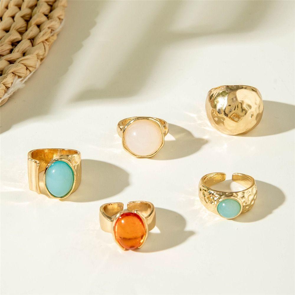 5 Stück Retro Vintage Ring Set Goldton Verstellbar Ethnische Ringe Geschenk Boho Offene Ringe für Frauen