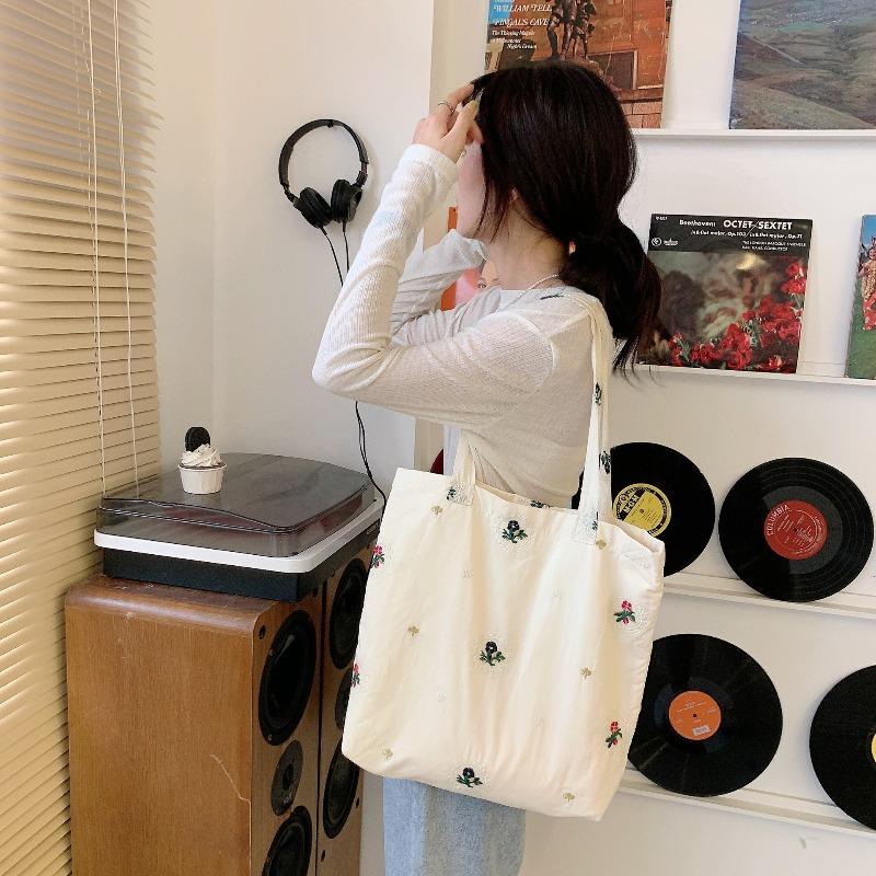 2 Bags Women's Embroidered Flower Canvas Bag Trendy Girl Shoulder Underarm Bag College Student Cloth Bag