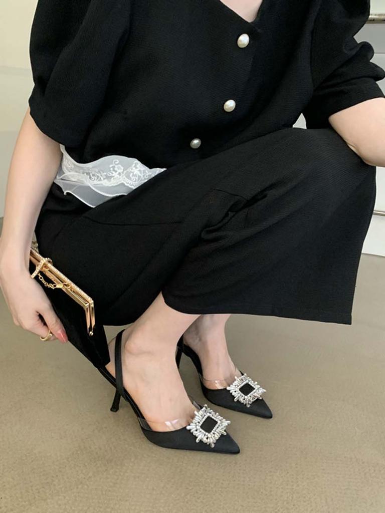 Fashion Black Beige Silver Women Sandals Pointed Toe Summer Dress Shoes Thin High Heels Rhinestone Buckle Back Strap Slides Wedding 39